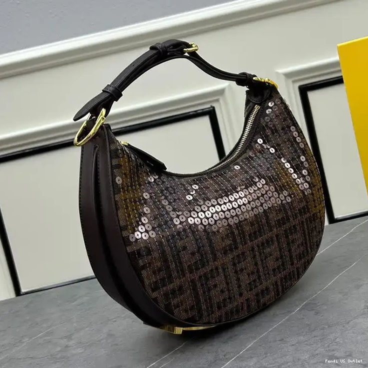 Vintage HOT Fendigraphy Fabric Small In Fendi Bag Motif with Hobo Sequins Brown FF 0630